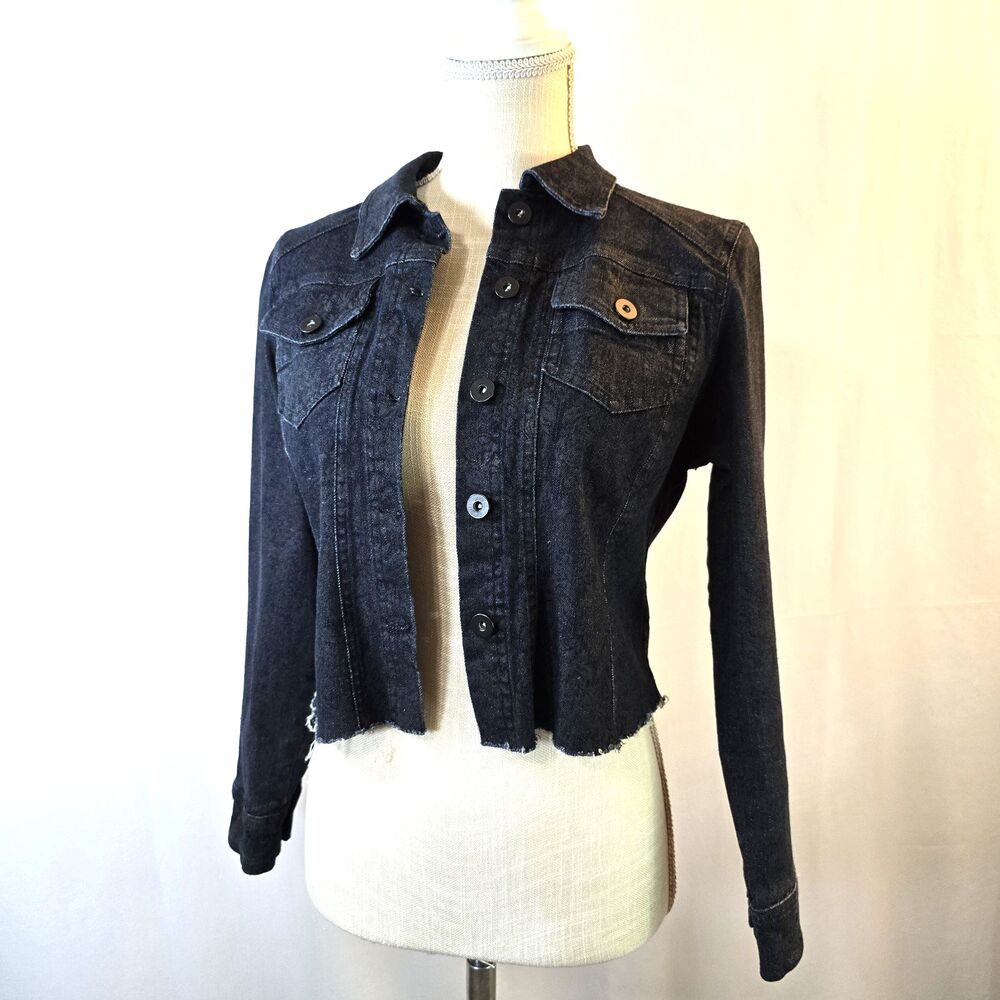 Cutout Clothing Co Dark Wash Crop Denim Jacket Size XS Raw Edge Sequins Heart
